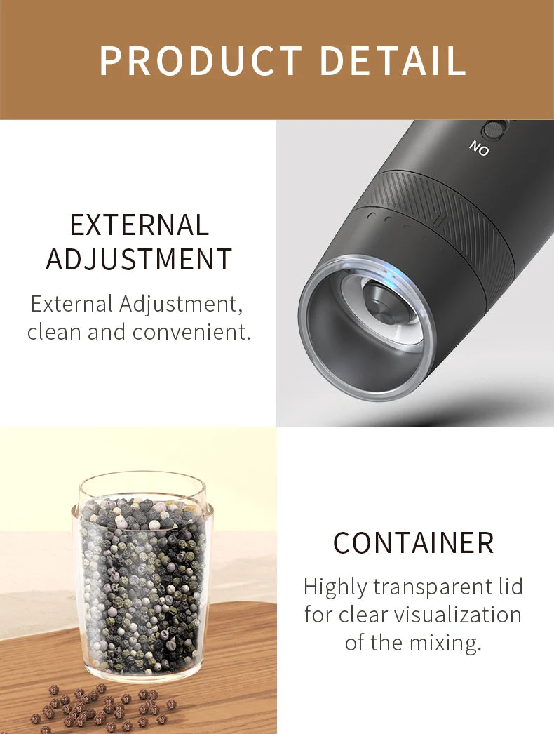 1/2PCS Rechargeable Electric Pepper Grinder External Adjustment with LED Light Gravity Sensing Spice Mills Cordless Kitchen Tool