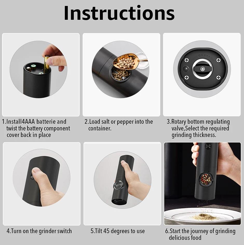 Electric Automatic Mill Pepper And Salt Grinder With Base Set Battery Powered With LED Light Adjustable Coarseness Kitchen Tool