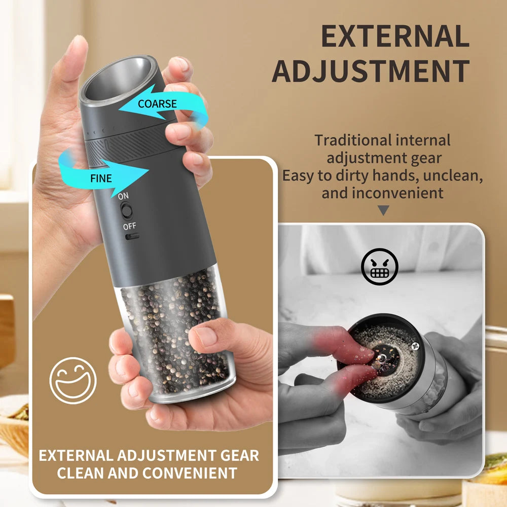 1/2PCS Rechargeable Electric Pepper Grinder External Adjustment with LED Light Gravity Sensing Spice Mills Cordless Kitchen Tool