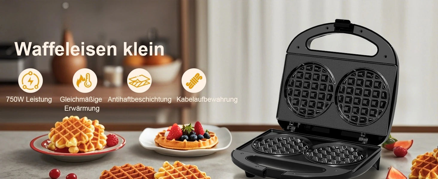 750W Mini Double Waffle Maker Non-Stick Electric Waffle Baking Machine Automatic Temperature Control Breakfast Cake Maker Pancake Iron Pan for Home Kitchen