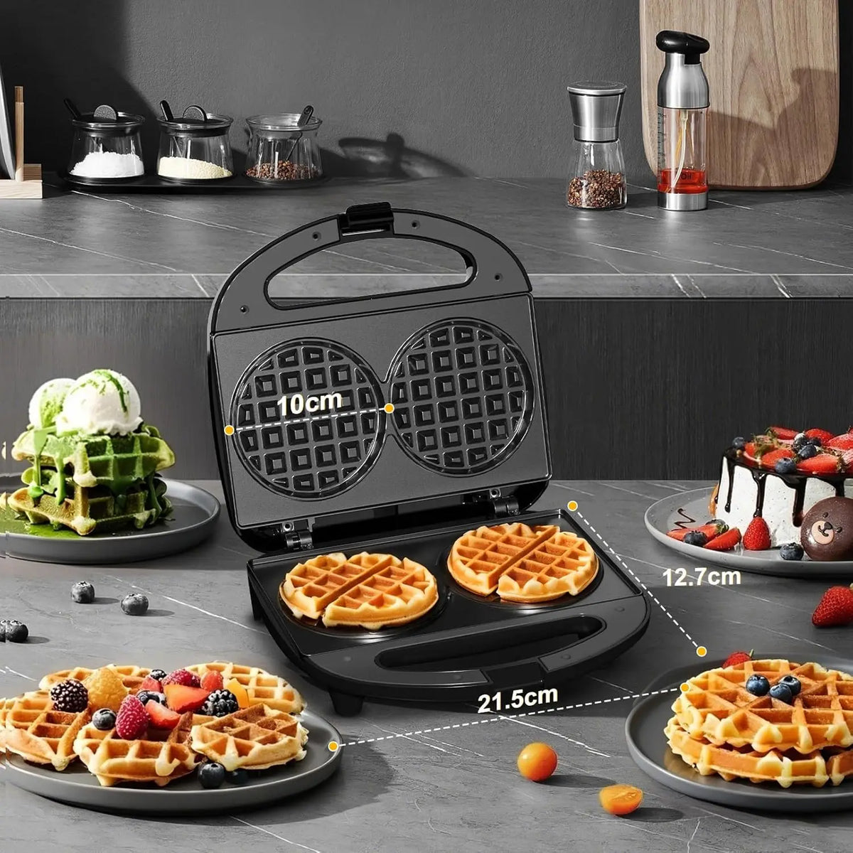 750W Mini Double Waffle Maker Non-Stick Electric Waffle Baking Machine Automatic Temperature Control Breakfast Cake Maker Pancake Iron Pan for Home Kitchen