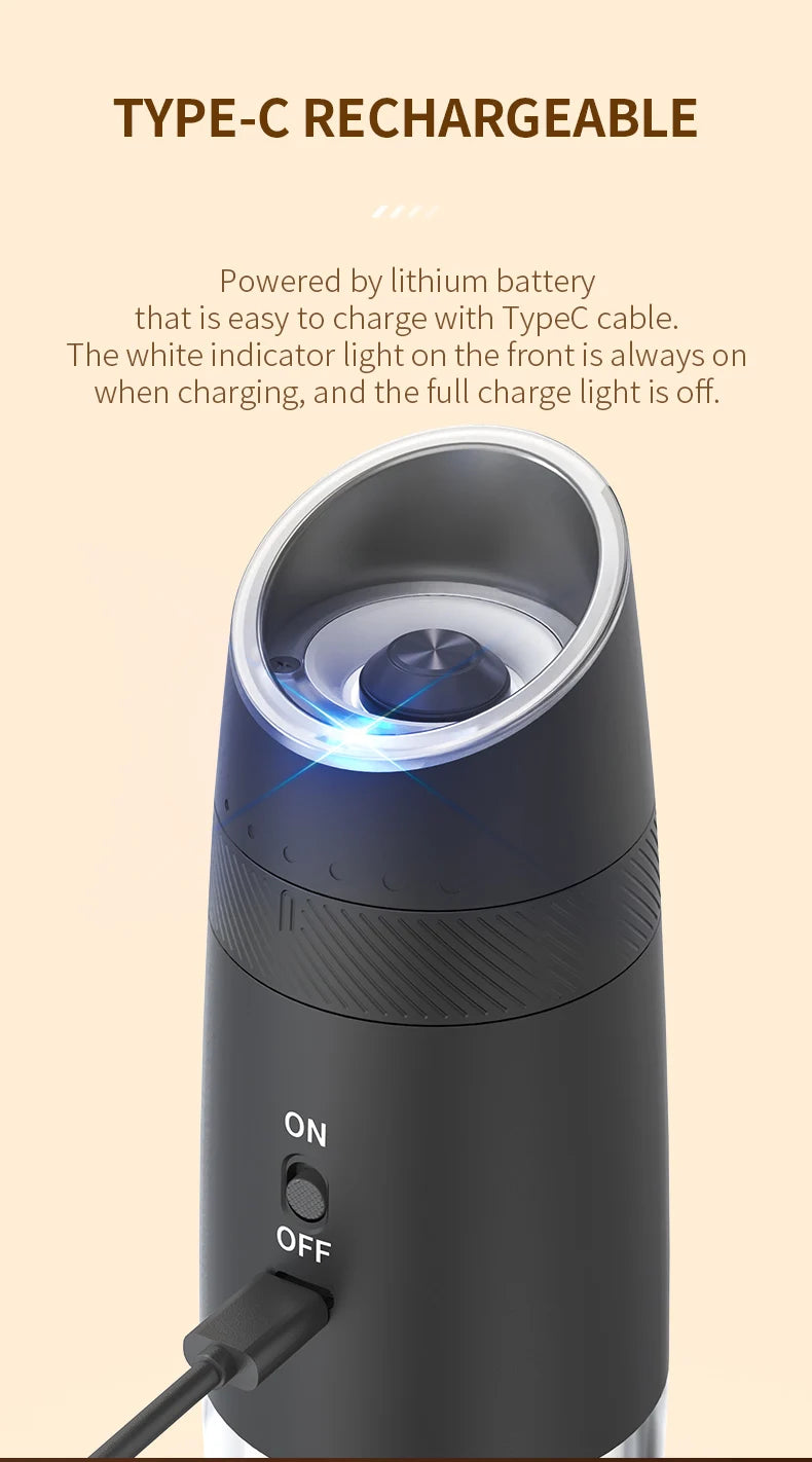 1/2PCS Rechargeable Electric Pepper Grinder External Adjustment with LED Light Gravity Sensing Spice Mills Cordless Kitchen Tool