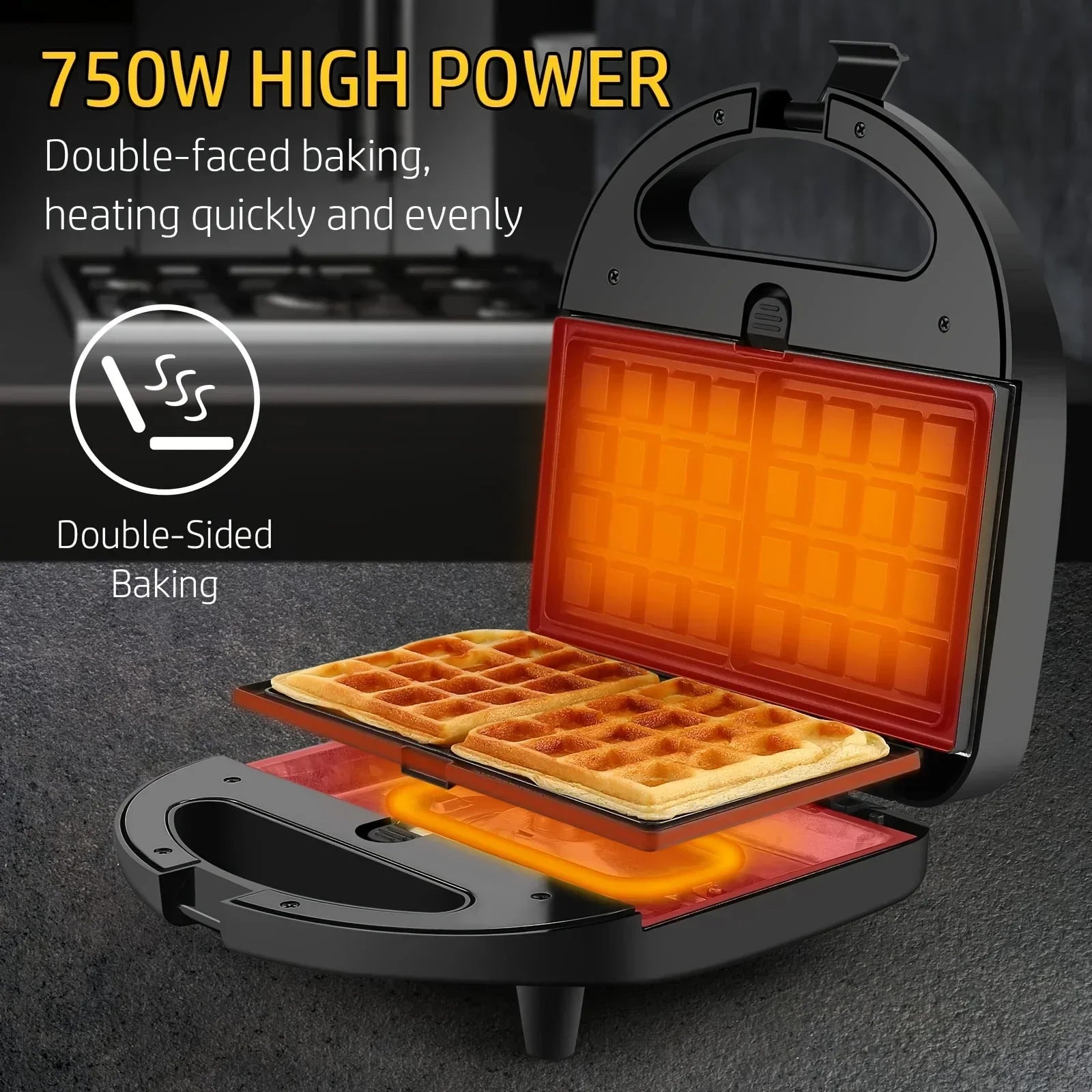 3-in-1 Sandwich Maker Panini Press Waffle Iron Set with 3 Removable Non-Stick Plates, 750 W Toaster Perfect for Sandwiches Grilled Cheese Steak, Black
