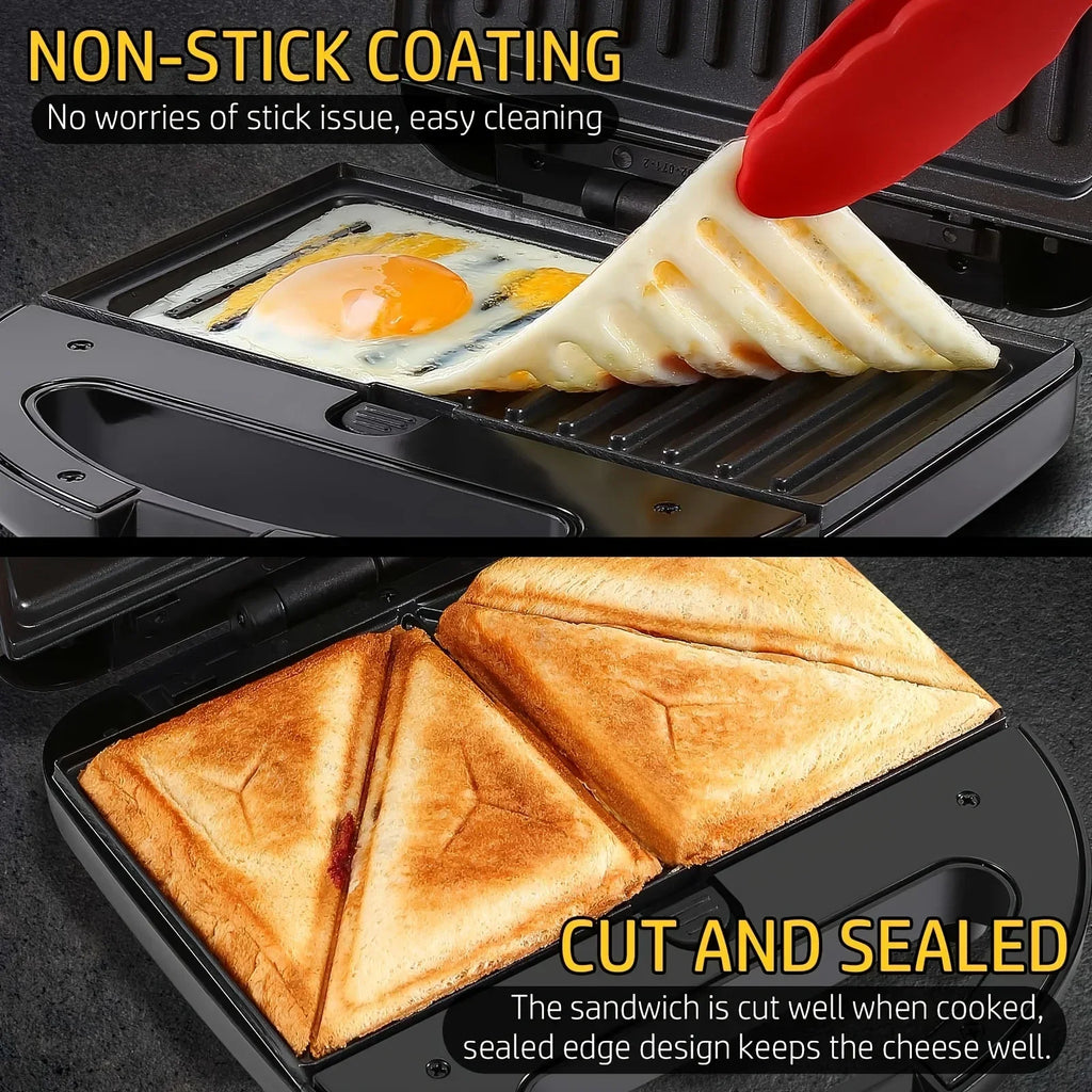 3-in-1 Sandwich Maker Panini Press Waffle Iron Set with 3 Removable Non-Stick Plates, 750 W Toaster Perfect for Sandwiches Grilled Cheese Steak, Black