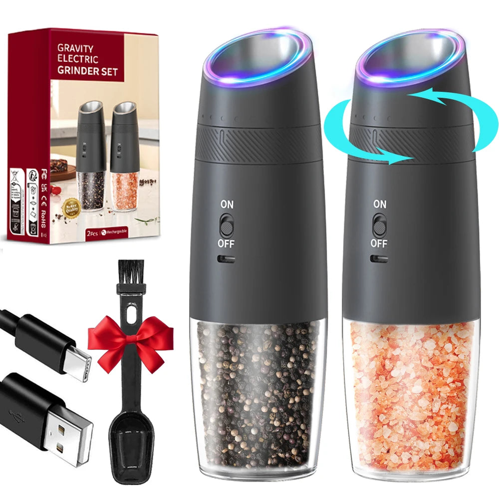 1/2PCS Rechargeable Electric Pepper Grinder External Adjustment with LED Light Gravity Sensing Spice Mills Cordless Kitchen Tool