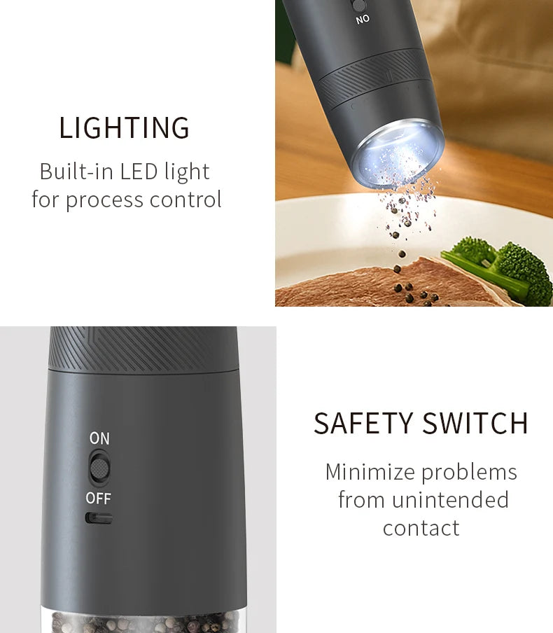 1/2PCS Rechargeable Electric Pepper Grinder External Adjustment with LED Light Gravity Sensing Spice Mills Cordless Kitchen Tool