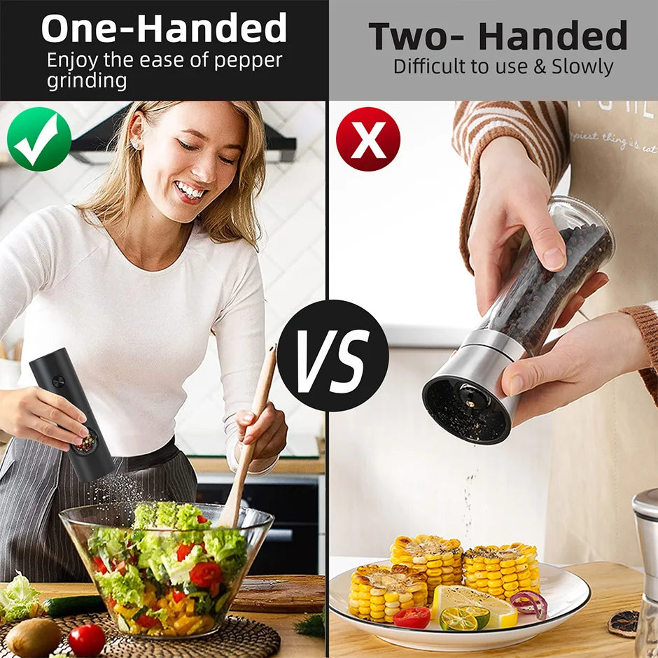 Electric Automatic Mill Pepper And Salt Grinder With Base Set Battery Powered With LED Light Adjustable Coarseness Kitchen Tool