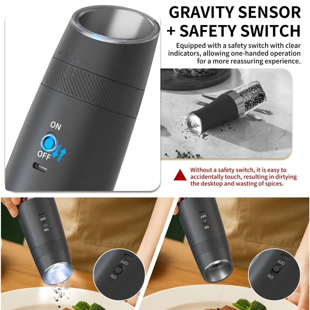 1/2PCS Rechargeable Electric Pepper Grinder External Adjustment with LED Light Gravity Sensing Spice Mills Cordless Kitchen Tool