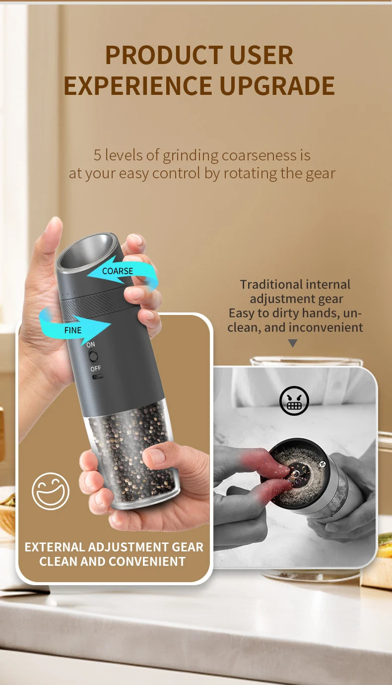 1/2PCS Rechargeable Electric Pepper Grinder External Adjustment with LED Light Gravity Sensing Spice Mills Cordless Kitchen Tool