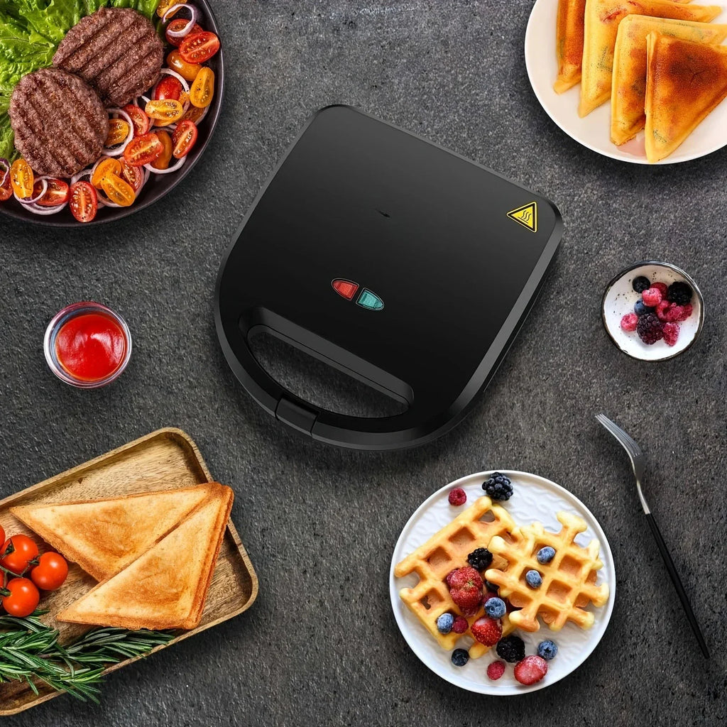 3-in-1 Sandwich Maker Panini Press Waffle Iron Set with 3 Removable Non-Stick Plates, 750 W Toaster Perfect for Sandwiches Grilled Cheese Steak, Black