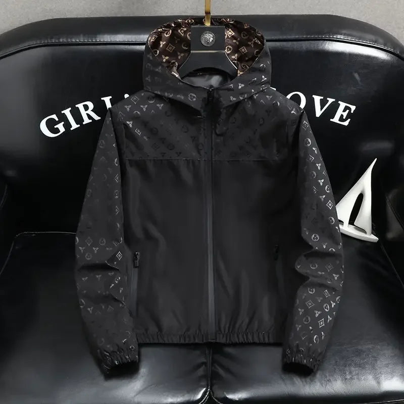 2025 New Spring and Autumn Hooded Dark Flower Jacket Personalized Trend Versatile Men's Jacquard Jacket Casual Top
