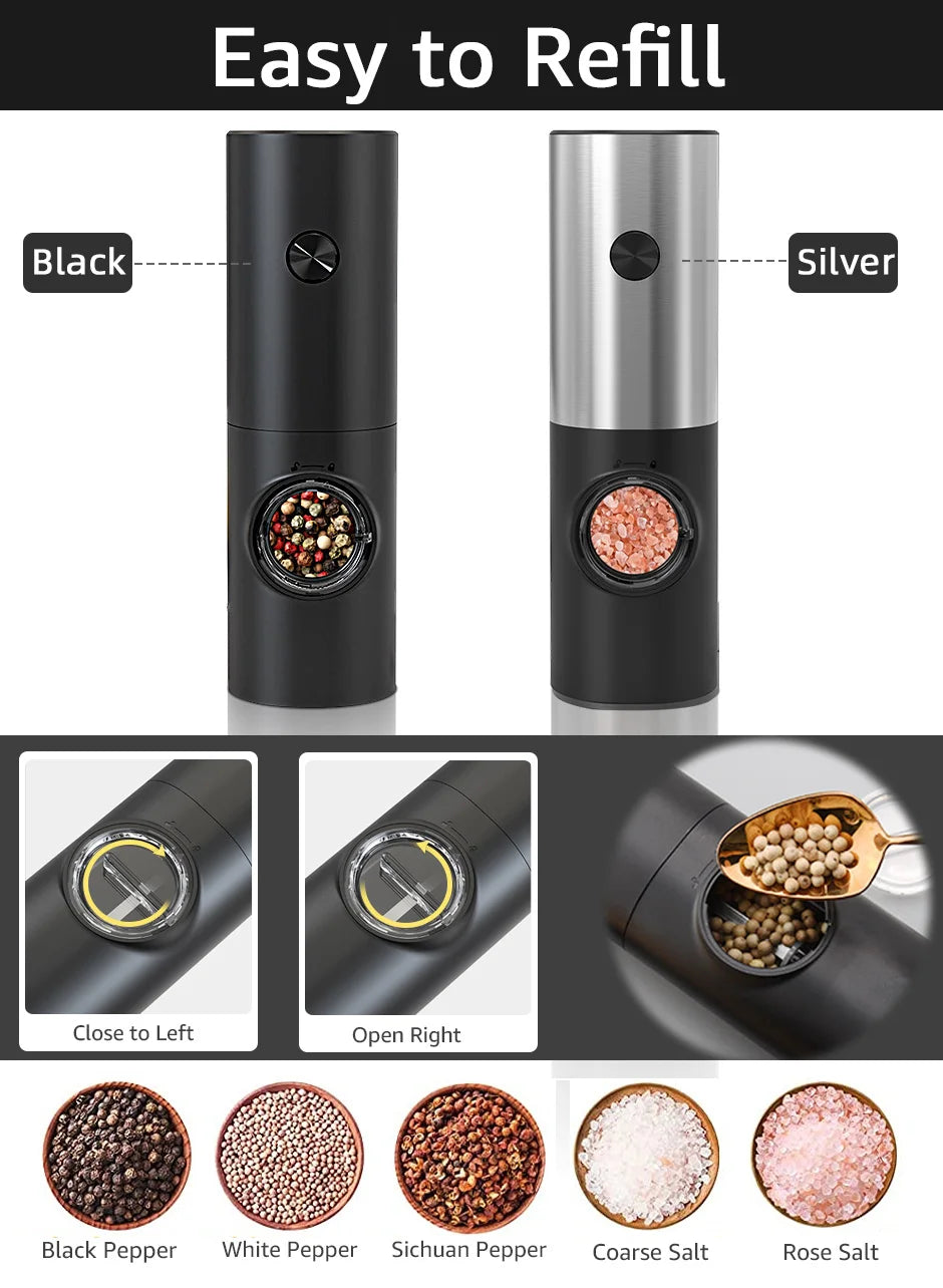 Electric Automatic Mill Pepper And Salt Grinder With Base Set Battery Powered With LED Light Adjustable Coarseness Kitchen Tool