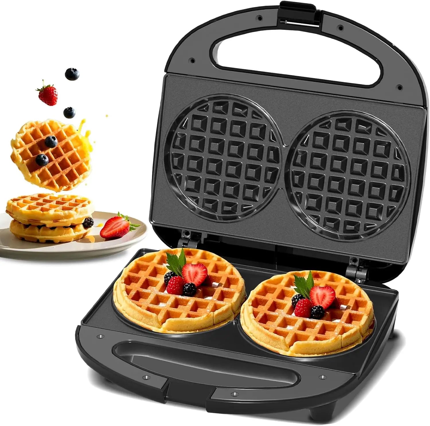 750W Mini Double Waffle Maker Non-Stick Electric Waffle Baking Machine Automatic Temperature Control Breakfast Cake Maker Pancake Iron Pan for Home Kitchen