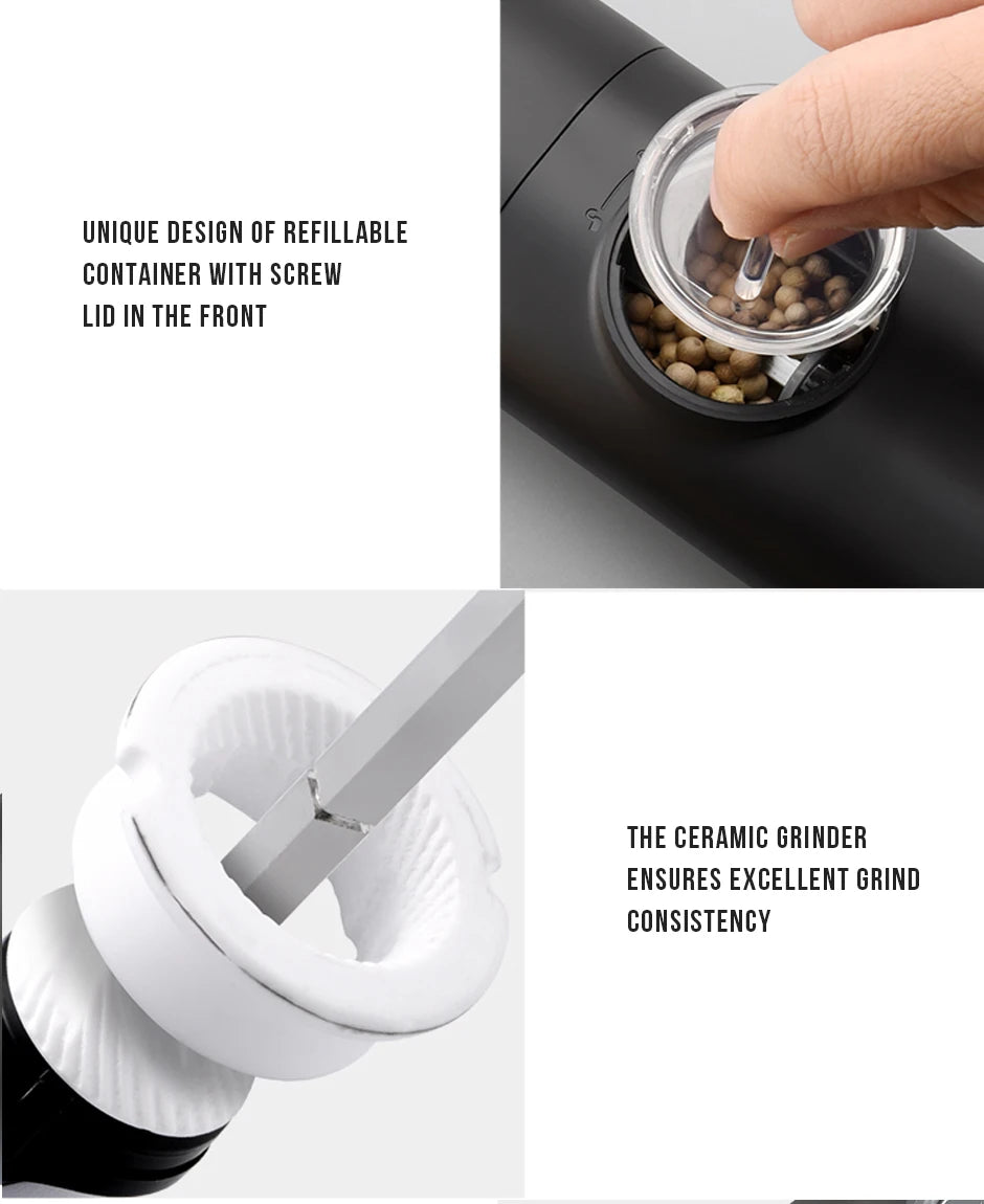Electric Automatic Mill Pepper And Salt Grinder With Base Set Battery Powered With LED Light Adjustable Coarseness Kitchen Tool