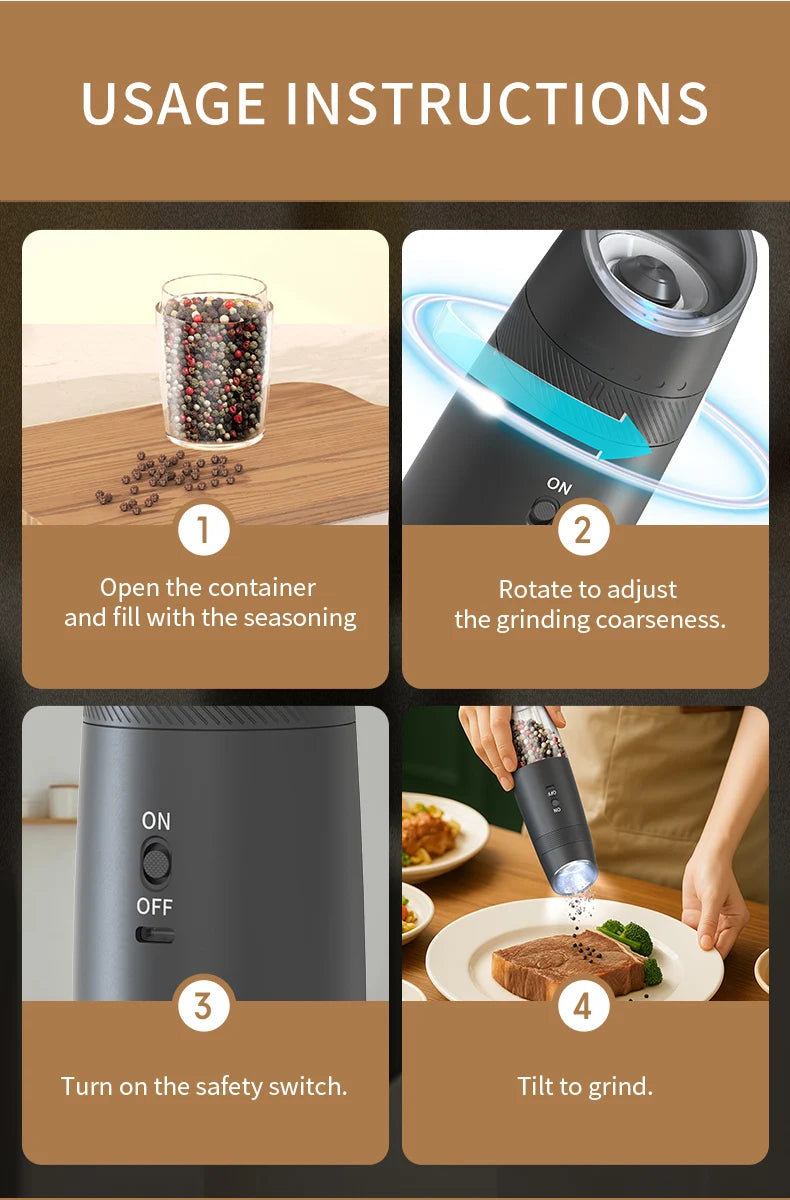 1/2PCS Rechargeable Electric Pepper Grinder External Adjustment with LED Light Gravity Sensing Spice Mills Cordless Kitchen Tool