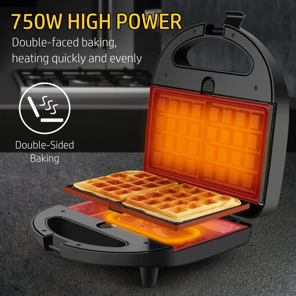 3-in-1 Sandwich Maker Panini Press Waffle Iron Set with 3 Removable Non-Stick Plates, 750 W Toaster Perfect for Sandwiches Grilled Cheese Steak, Black