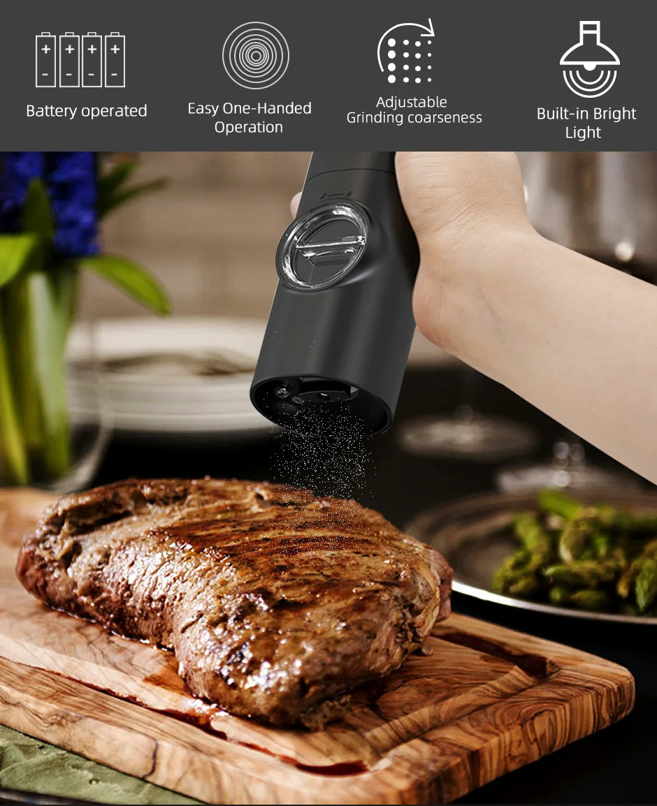 Electric Automatic Mill Pepper And Salt Grinder With Base Set Battery Powered With LED Light Adjustable Coarseness Kitchen Tool