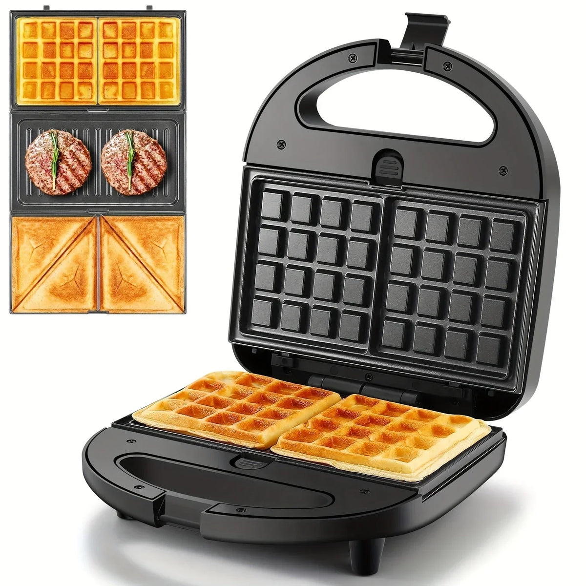 3-in-1 Sandwich Maker Panini Press Waffle Iron Set with 3 Removable Non-Stick Plates, 750 W Toaster Perfect for Sandwiches Grilled Cheese Steak, Black