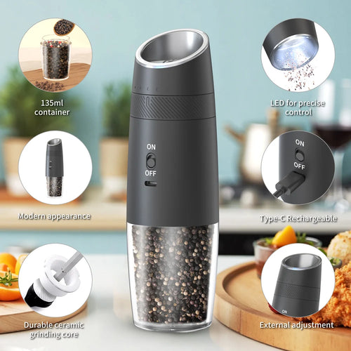 1/2PCS Rechargeable Electric Pepper Grinder External Adjustment with LED Light Gravity Sensing Spice Mills Cordless Kitchen Tool